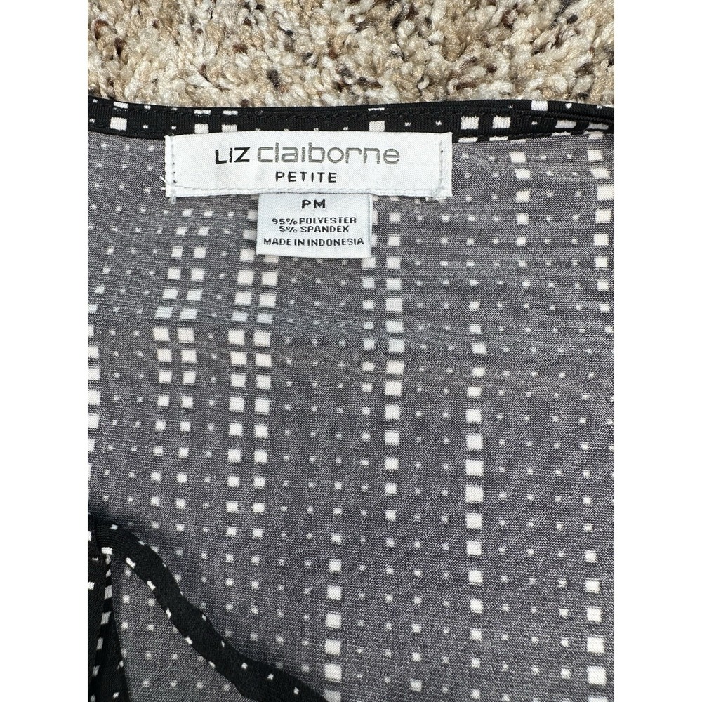 Liz Claiborne Petite PM Blouse‎ Black White Dot Print Keyhole Tie Neck Stretch - Picture 3 of 6